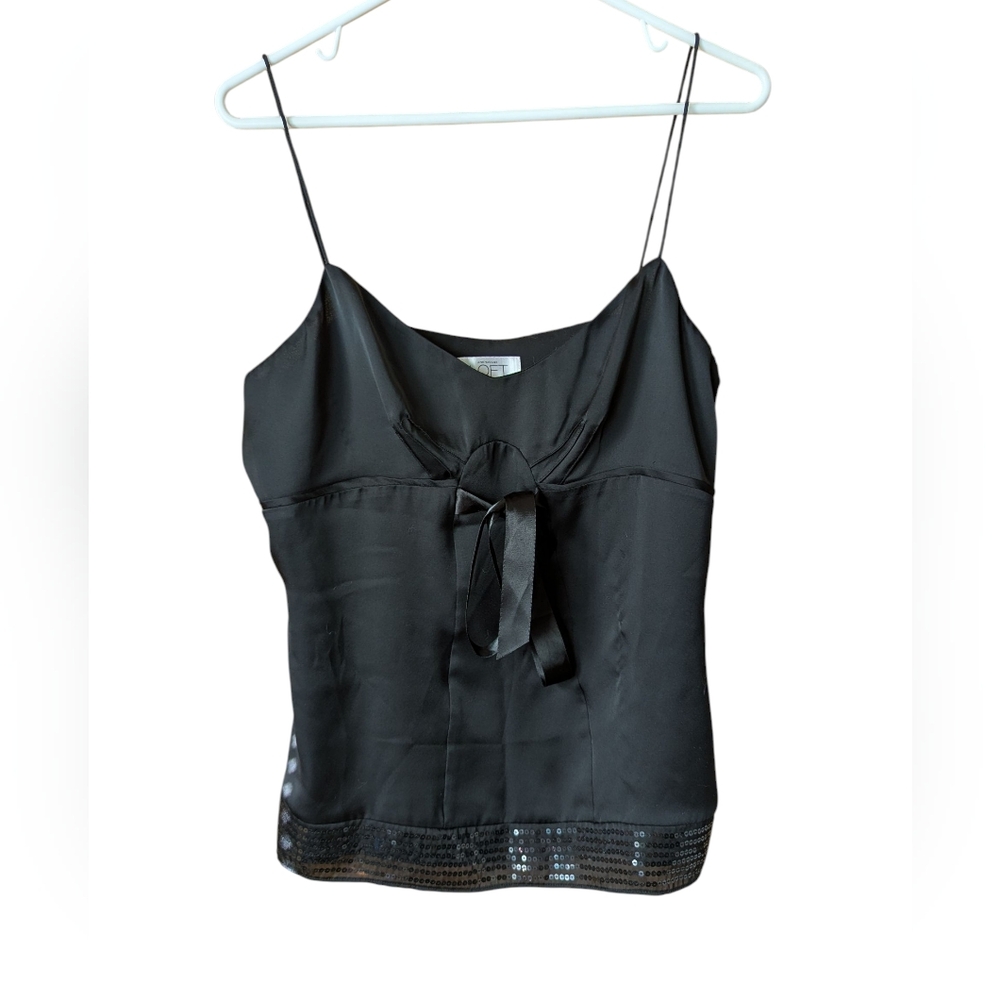LOFT Women’s Satin Cami Tank Top Black Bow Front Sequined Hem Party Evening Sz10